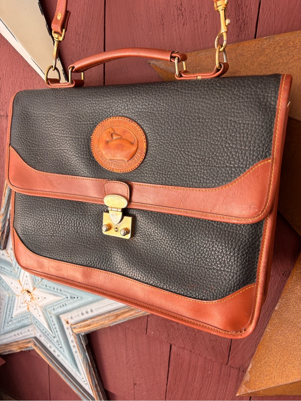 Vintage 90s Dooney & Bourke Black & Tan Leather Laptop Briefcase Shoulder Strap - Picture 2 of 16